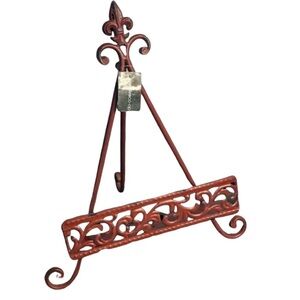NWT Red Decorative Metal Easel. Cookbook Stand. Fluer-de-Lis , Scroll pattern.